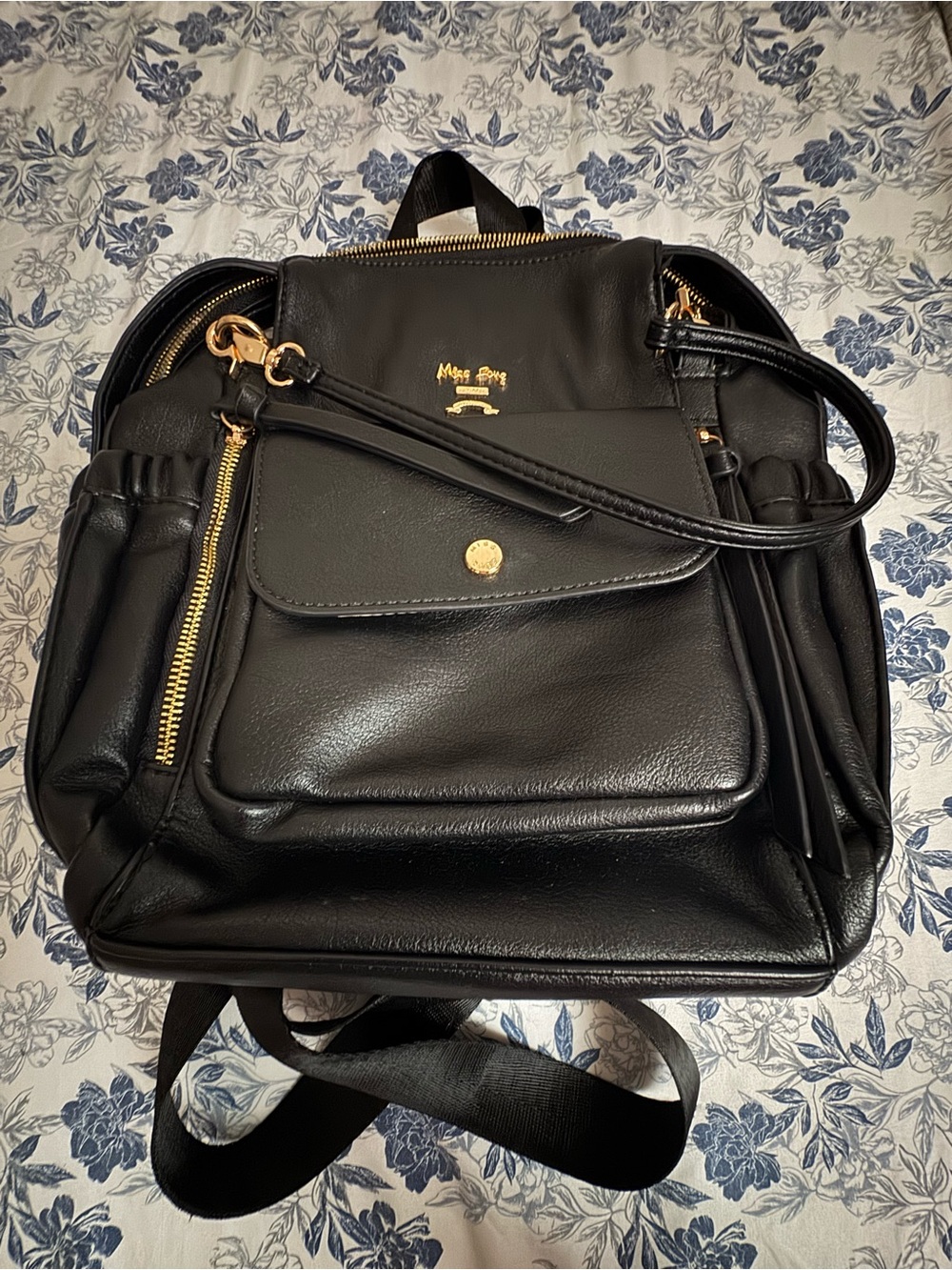 Black Faux Leather Baby Backpack with Gold Accents